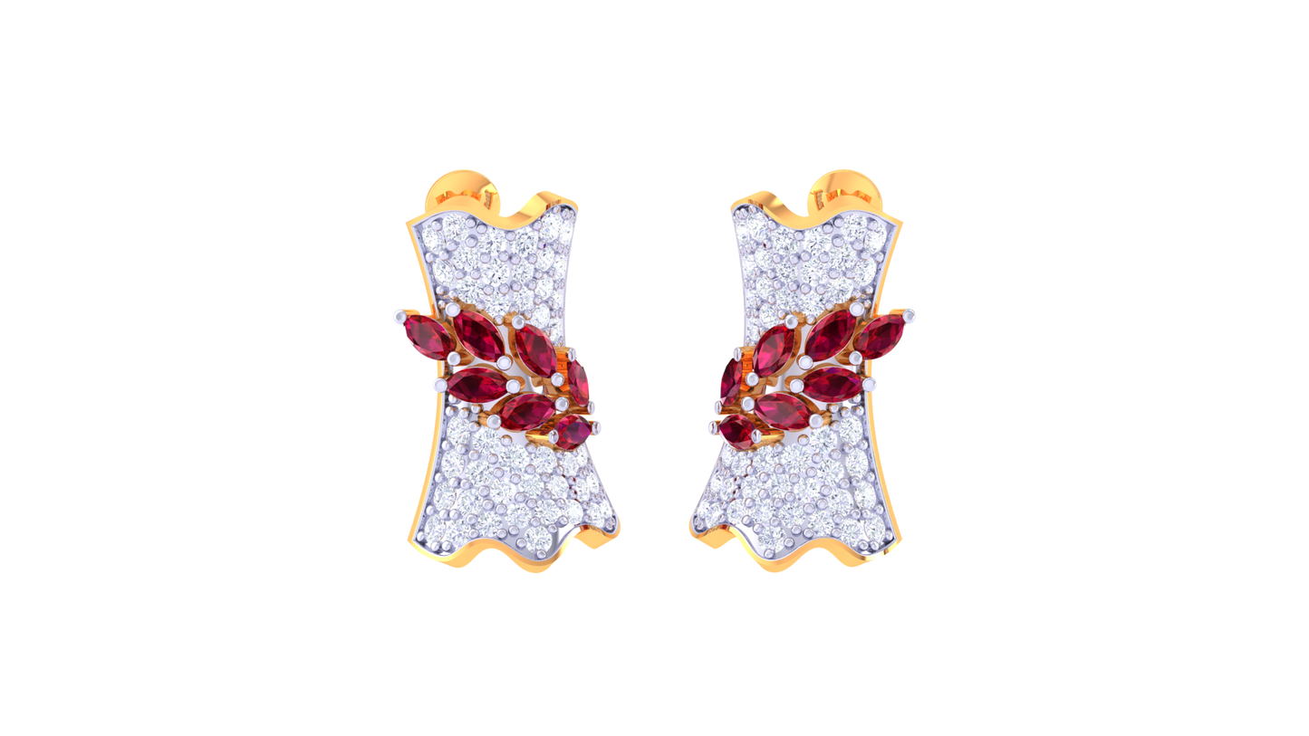 Ruby Leaf Cluster Stud Earrings In Gold - 1.19 Ct Brilliant Diamonds