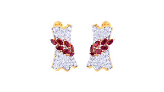 Ruby Leaf Cluster Stud Earrings In Gold - 1.19 Ct Brilliant Diamonds