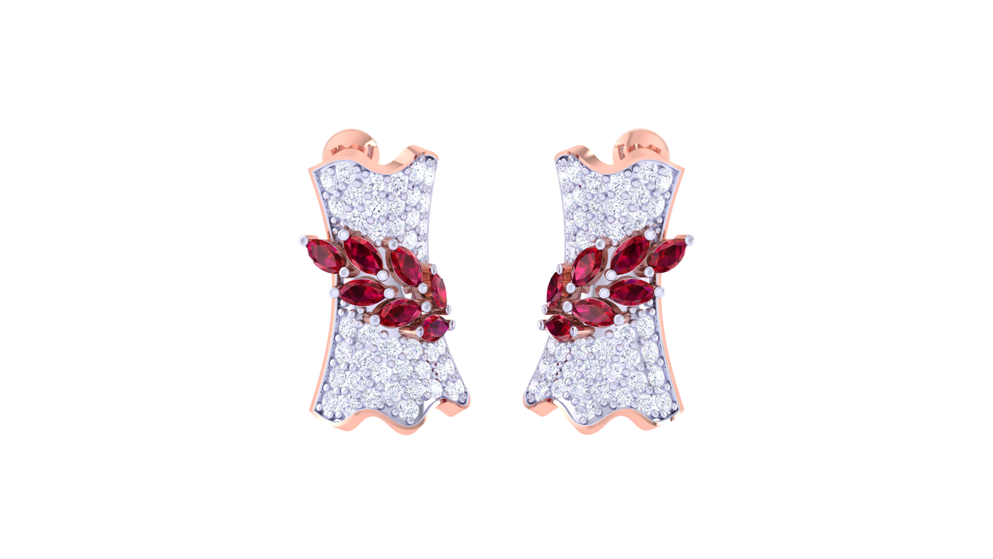 Ruby Leaf Cluster Stud Earrings In Gold - 1.19 Ct Brilliant Diamonds
