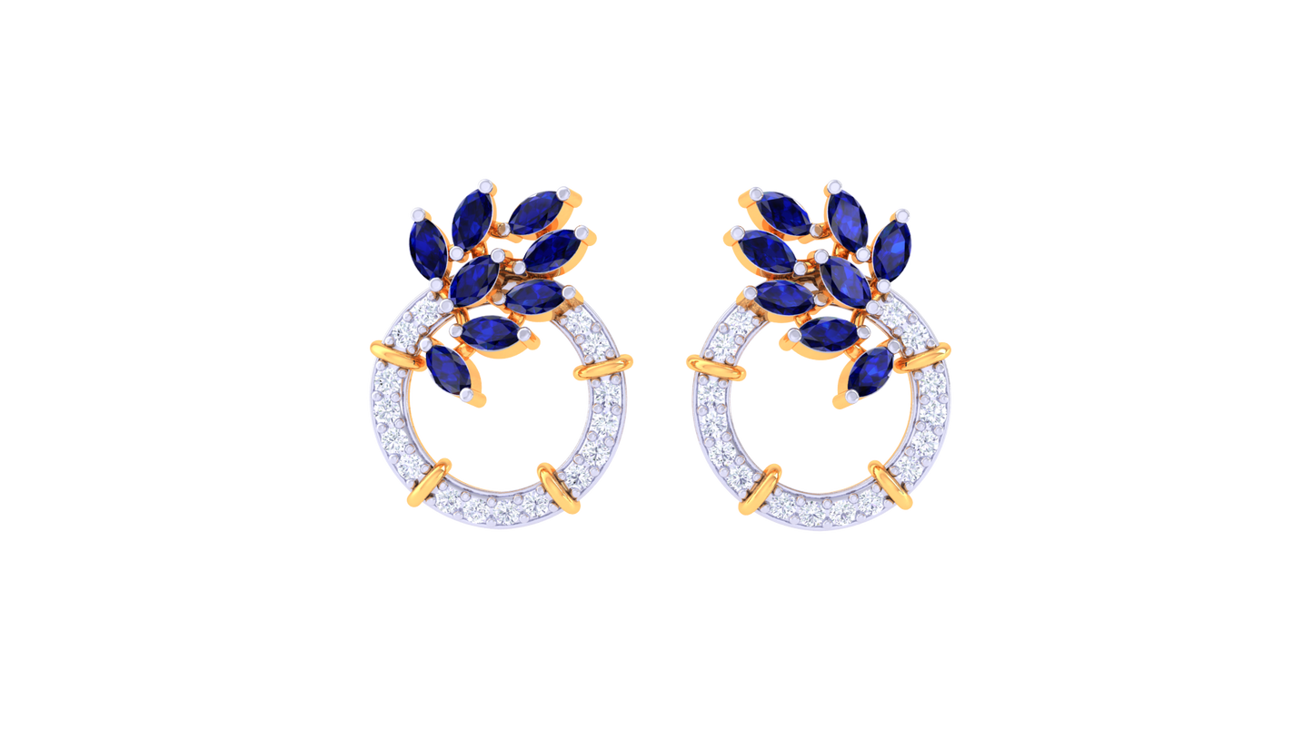 Sapphire Leaf Cluster Stud Earrings In Gold - 0.61 Ct Dazzling Diamonds