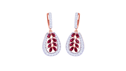 Ruby Teardrop Earrings In Gold With Leaf Motif - 1.06 Ct Diamonds