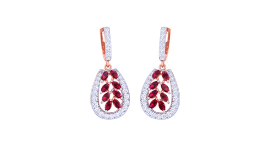 Ruby Teardrop Earrings In Gold With Leaf Motif - 1.06 Ct Diamonds