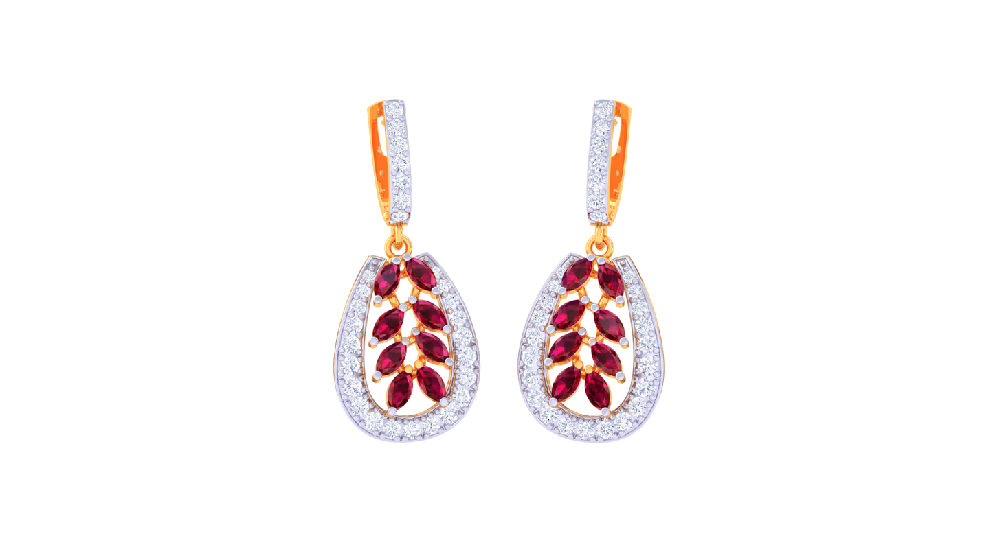 Ruby Teardrop Earrings In Gold With Leaf Motif - 1.06 Ct Diamonds