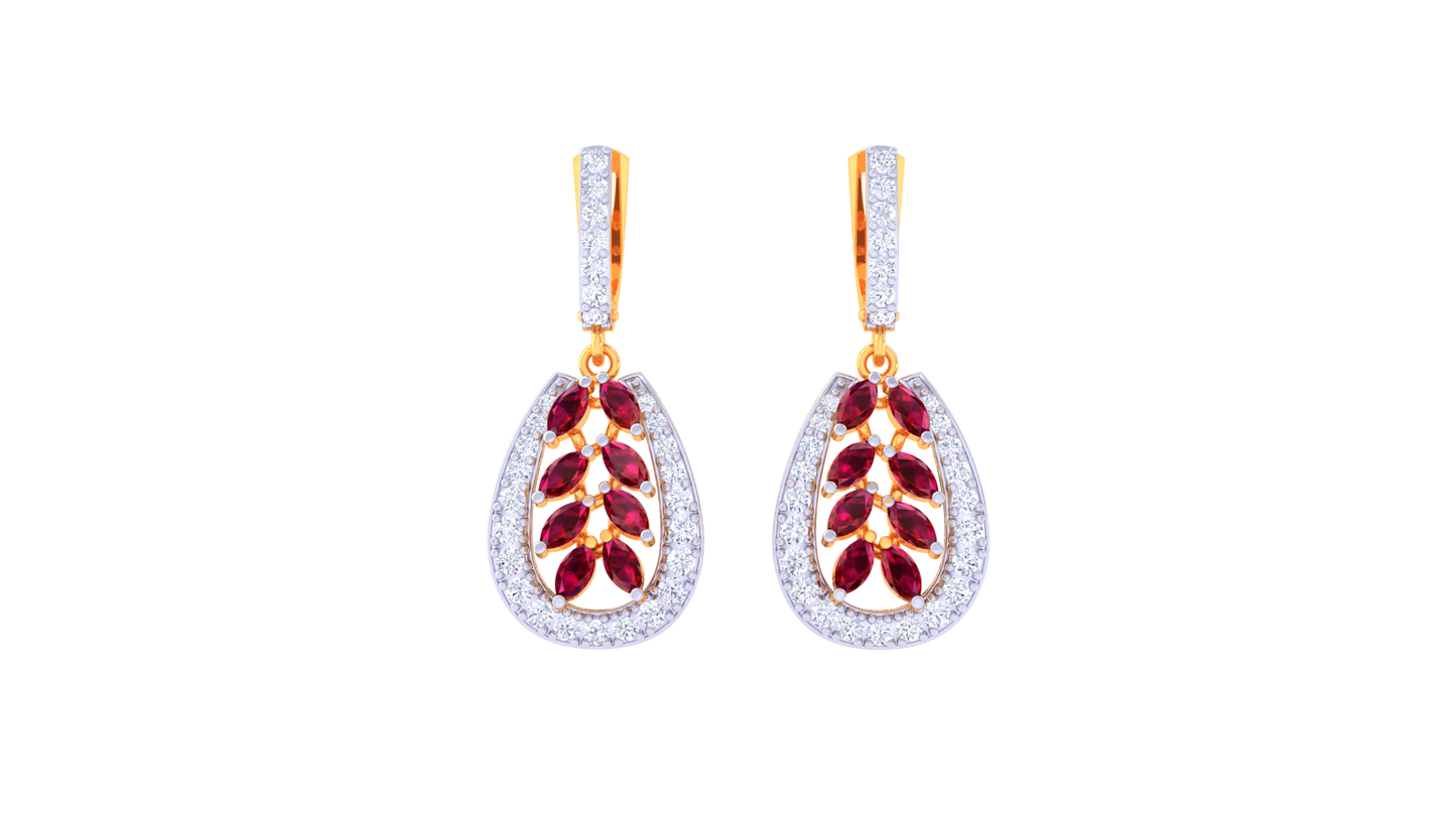 Ruby Teardrop Earrings In Gold With Leaf Motif - 1.06 Ct Diamonds