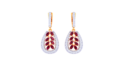Ruby Teardrop Earrings In Gold With Leaf Motif - 1.06 Ct Diamonds