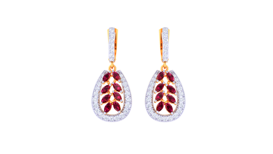 Ruby Teardrop Earrings In Gold With Leaf Motif - 1.06 Ct Diamonds