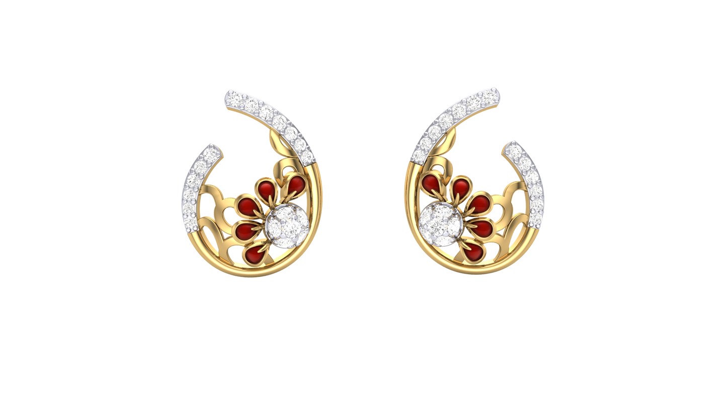 Rose Petal Stud Earrings - 0.26 Sparkling Round Diamons In Yellow Gold