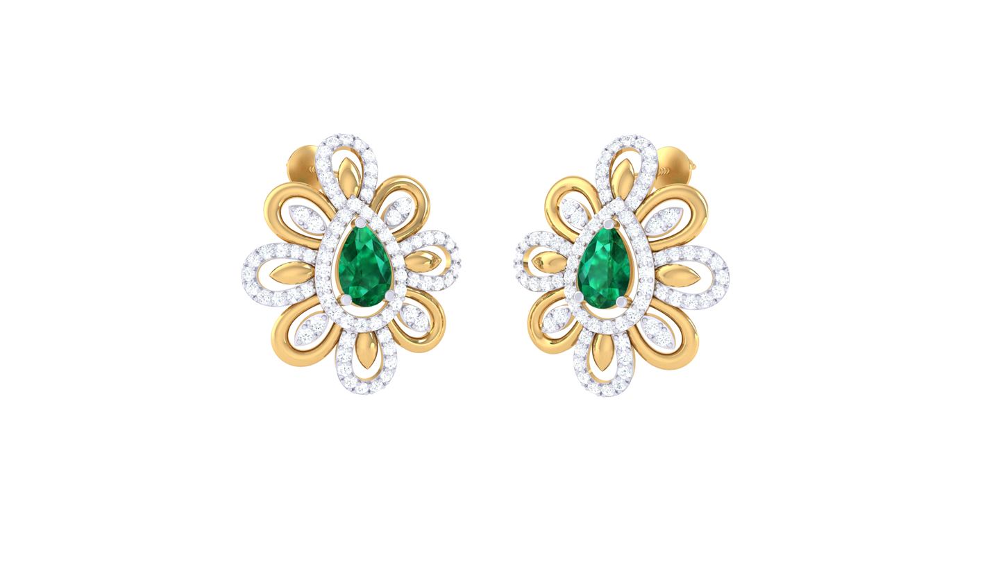 Emerald Teardrop Diamond Halo Stud Earrings In Gold – 1.01 Ct
