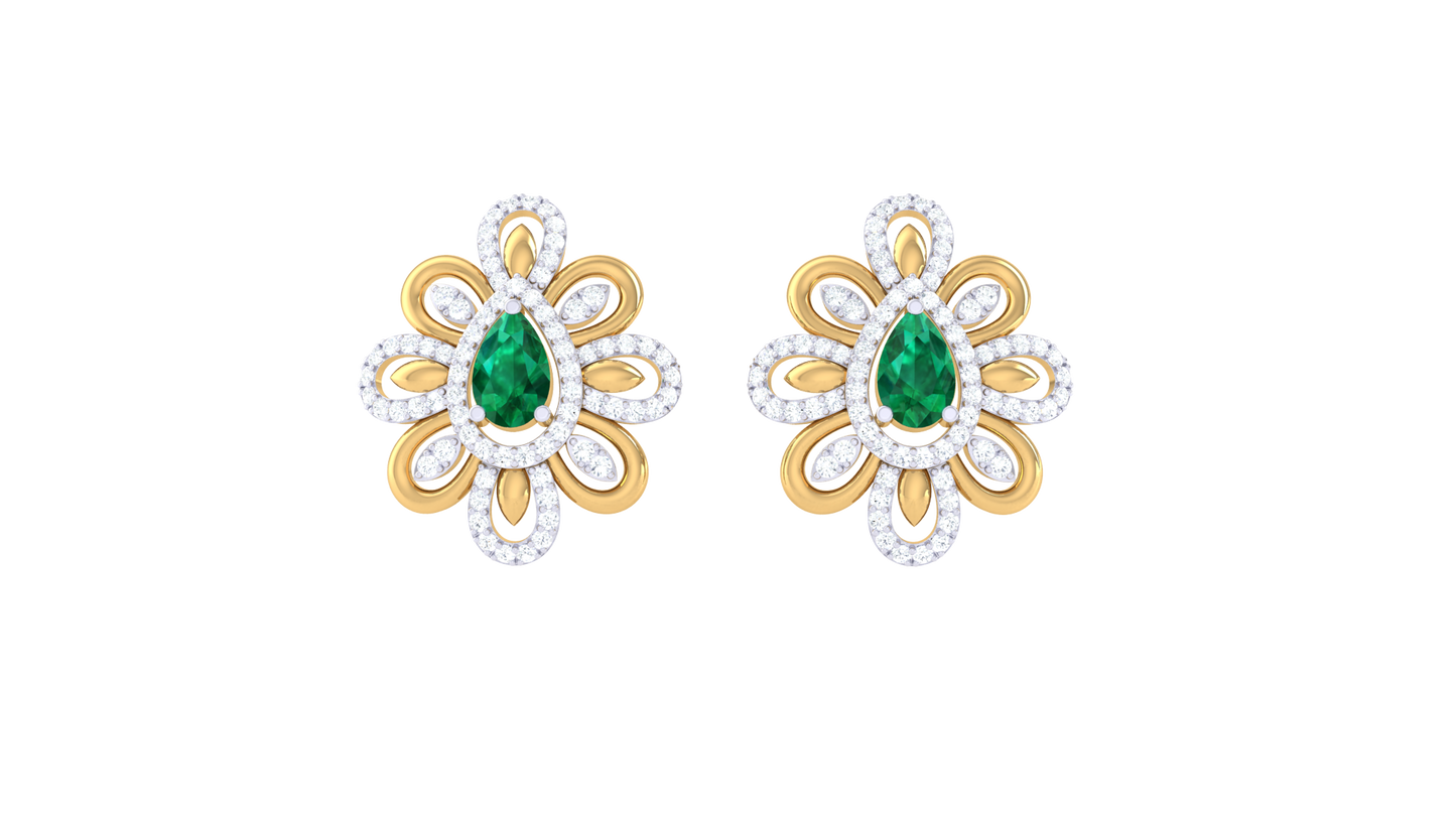 Emerald Teardrop Diamond Halo Stud Earrings In Gold – 1.01 Ct