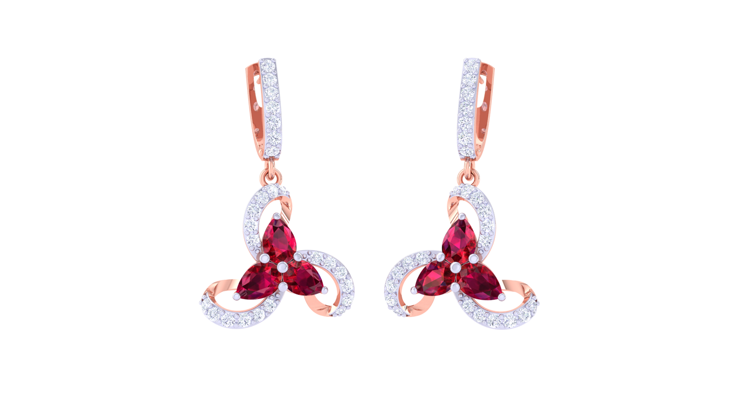 Floral Bloom Hoop Earrings In Gold - 1.71 Ct Diamonds & Ruby Marquise Accents