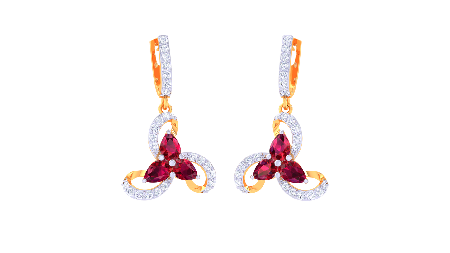Floral Bloom Hoop Earrings In Gold - 1.71 Ct Diamonds & Ruby Marquise Accents
