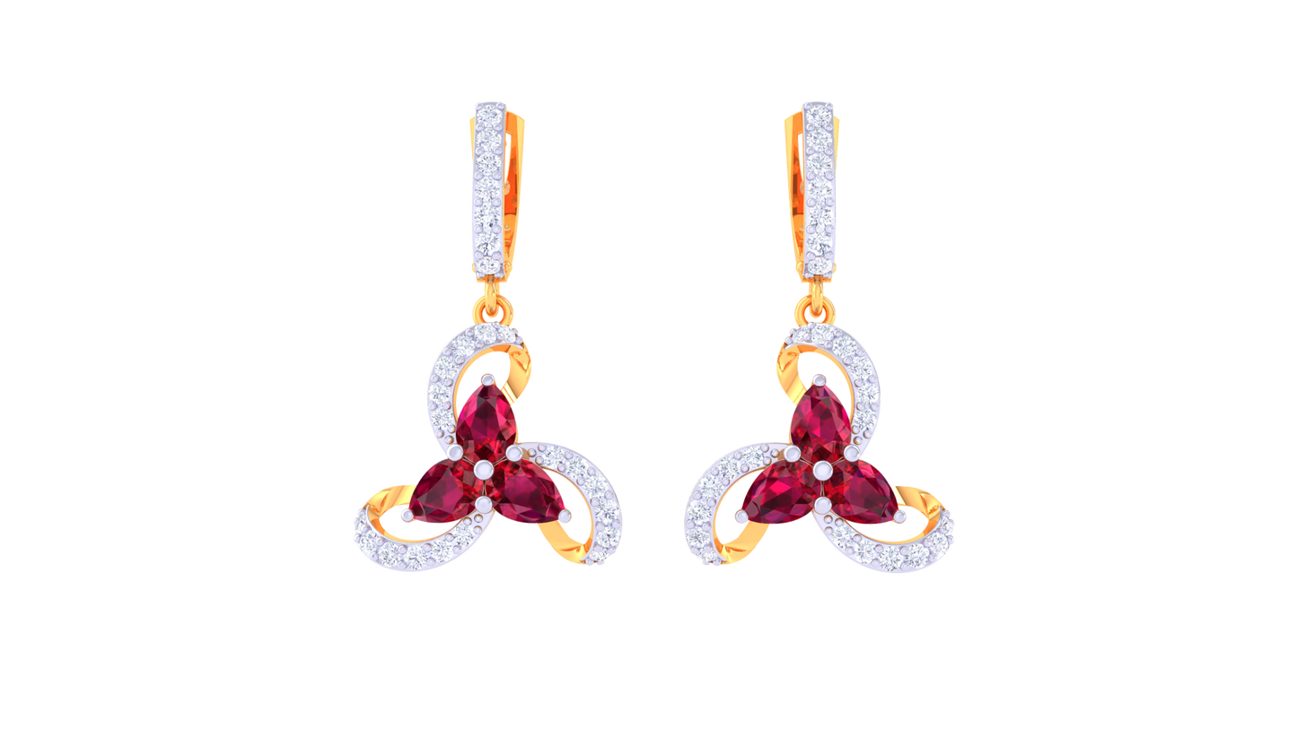 Floral Bloom Hoop Earrings In Gold - 1.71 Ct Diamonds & Ruby Marquise Accents