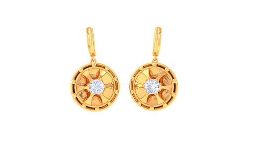 Sunburst Engraved Gold Hoop Earrings - 0.64 Ct Diamond Centers