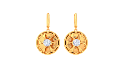 Sunburst Engraved Gold Hoop Earrings - 0.64 Ct Diamond Centers
