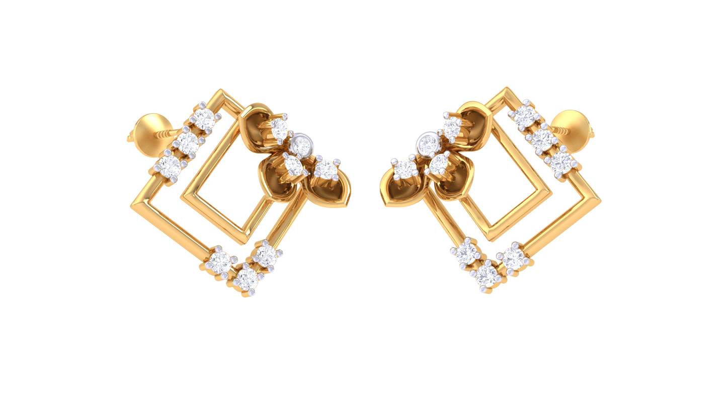 Flora Square Frame Studs Golden Earrings - 0.24 Ct Rounds Diamonds