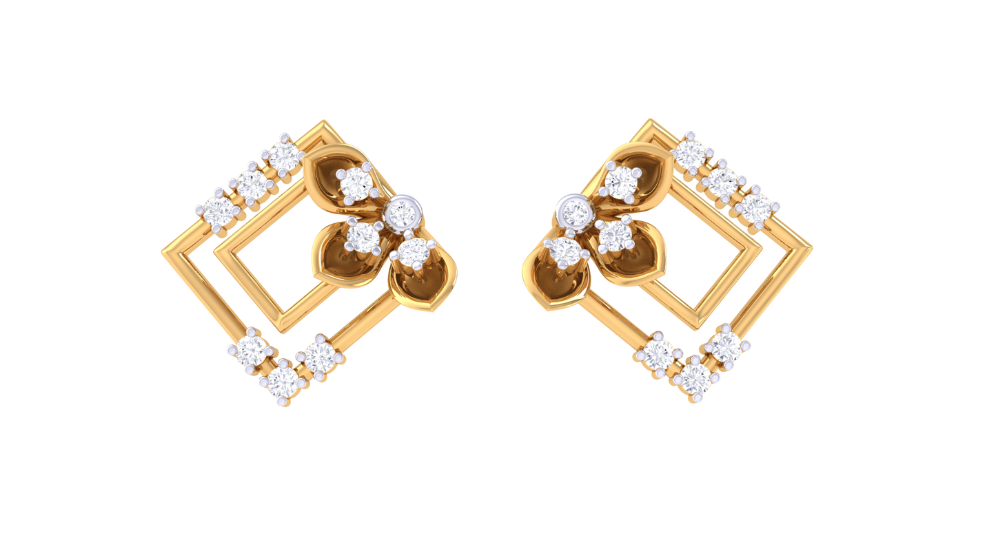Flora Square Frame Studs Golden Earrings - 0.24 Ct Rounds Diamonds