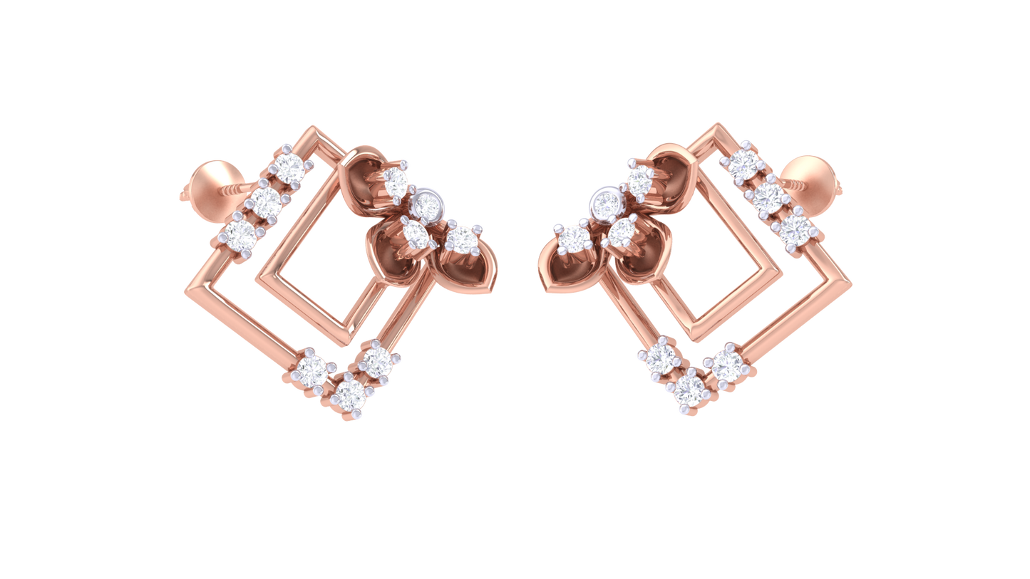 Flora Square Frame Studs Golden Earrings - 0.24 Ct Rounds Diamonds