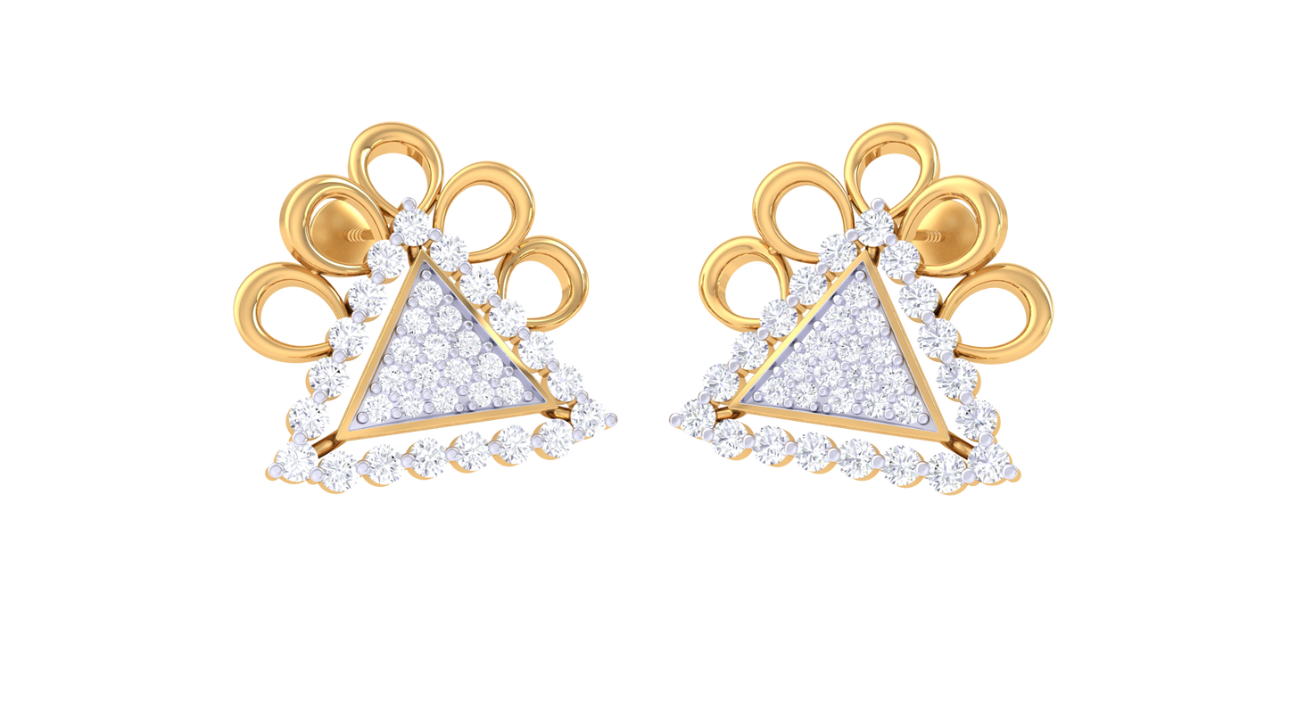 Pearl Crown Trangle Stud Earrings In Yellow Gold - 0.72 Ct Sparkling Diamonds