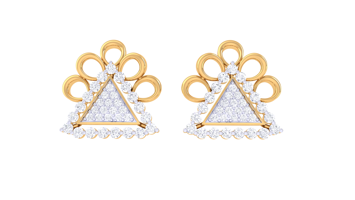 Pearl Crown Trangle Stud Earrings In Yellow Gold - 0.72 Ct Sparkling Diamonds