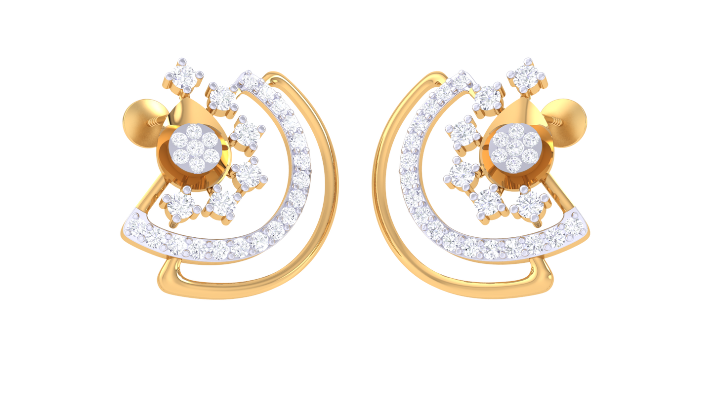 Curved With Floral Star Cluster Golden Stud Earrings - 0.51 Ct Round Diamonds
