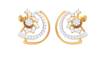 Curved With Floral Star Cluster Golden Stud Earrings - 0.51 Ct Round Diamonds