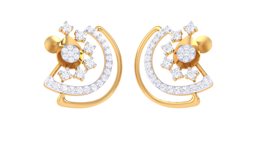 Curved With Floral Star Cluster Golden Stud Earrings - 0.51 Ct Round Diamonds