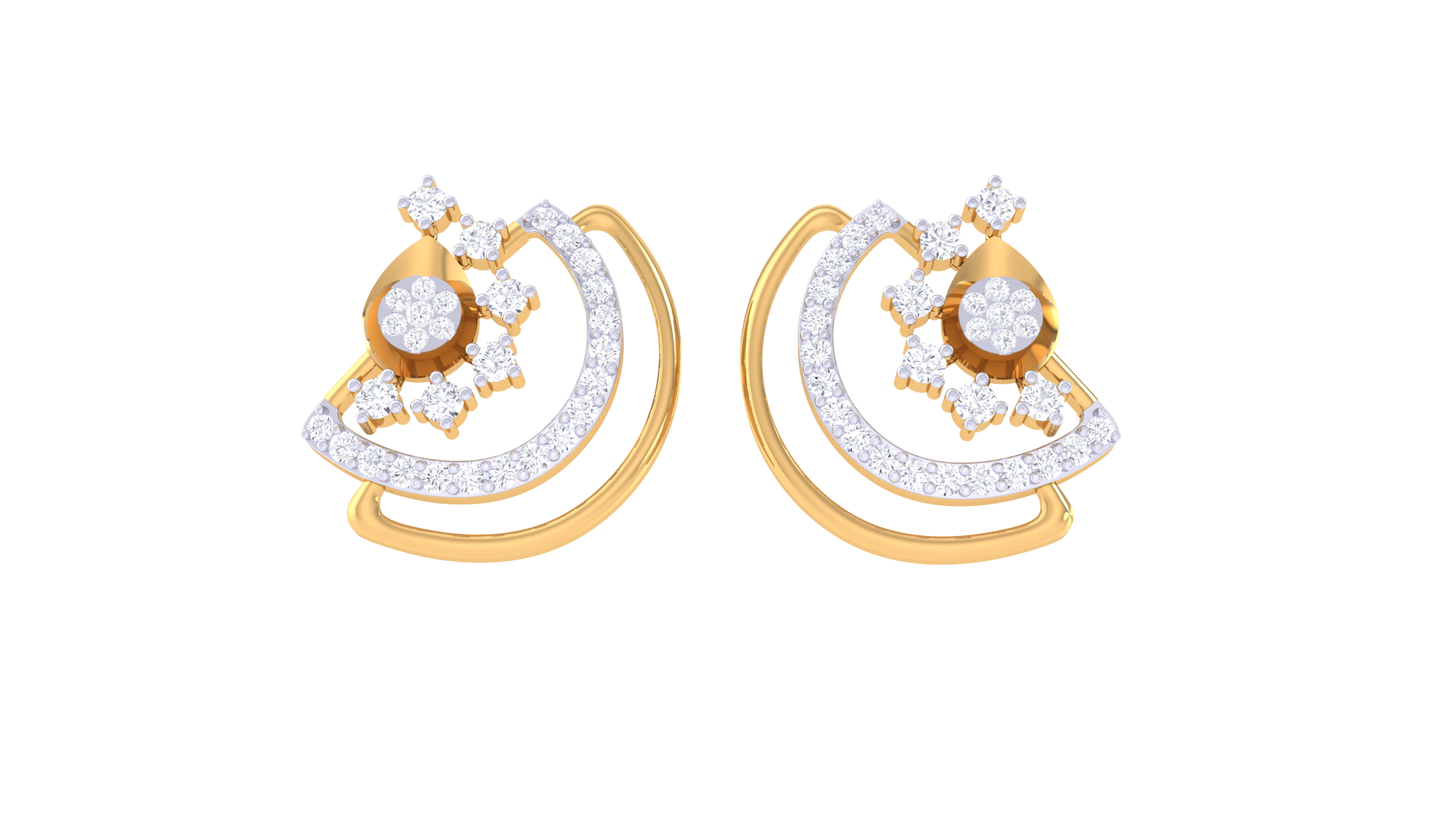 Curved With Floral Star Cluster Golden Stud Earrings - 0.51 Ct Round Diamonds