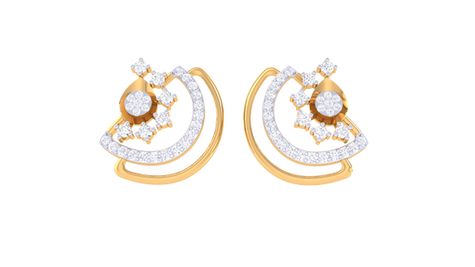 Curved With Floral Star Cluster Golden Stud Earrings - 0.51 Ct Round Diamonds