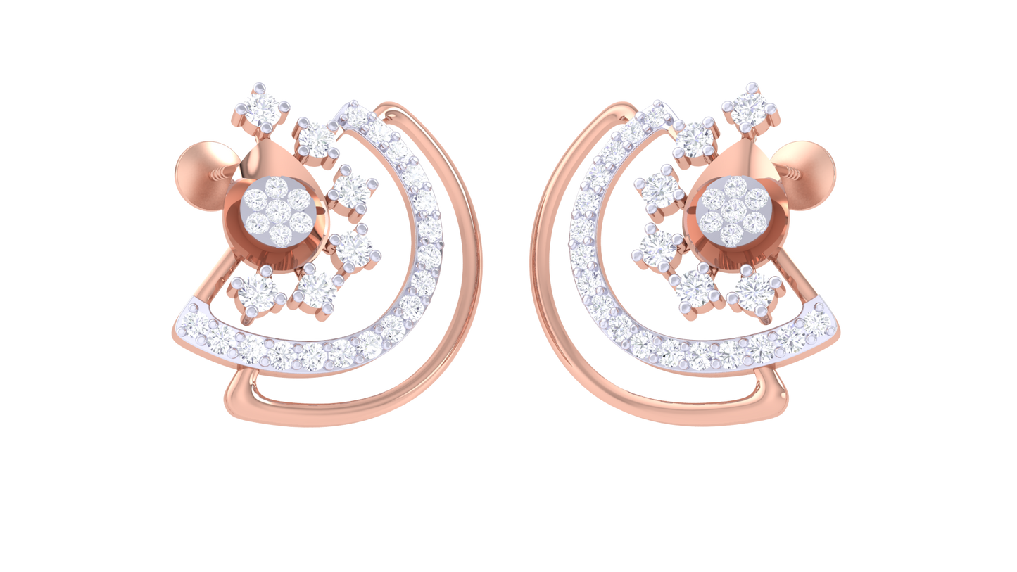 Curved With Floral Star Cluster Golden Stud Earrings - 0.51 Ct Round Diamonds