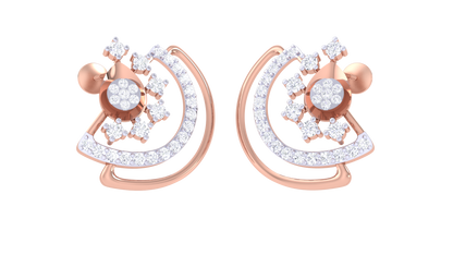 Curved With Floral Star Cluster Golden Stud Earrings - 0.51 Ct Round Diamonds