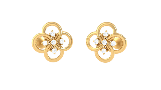 Floral Elegance Gold Stud Earrings - 0.15 Ct Brilliant Cut Diamond Accents