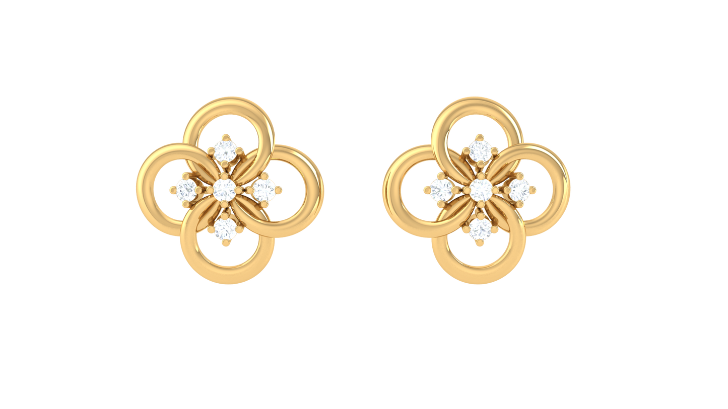 Floral Elegance Gold Stud Earrings - 0.15 Ct Brilliant Cut Diamond Accents
