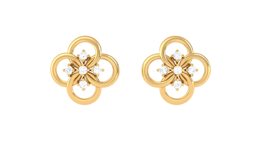 Floral Elegance Gold Stud Earrings - 0.15 Ct Brilliant Cut Diamond Accents
