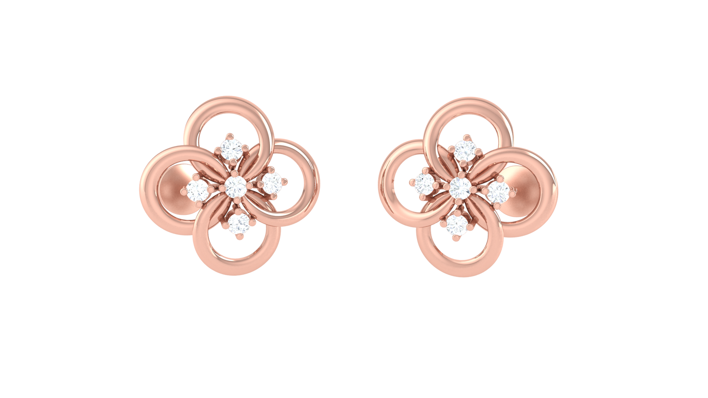 Floral Elegance Gold Stud Earrings - 0.15 Ct Brilliant Cut Diamond Accents