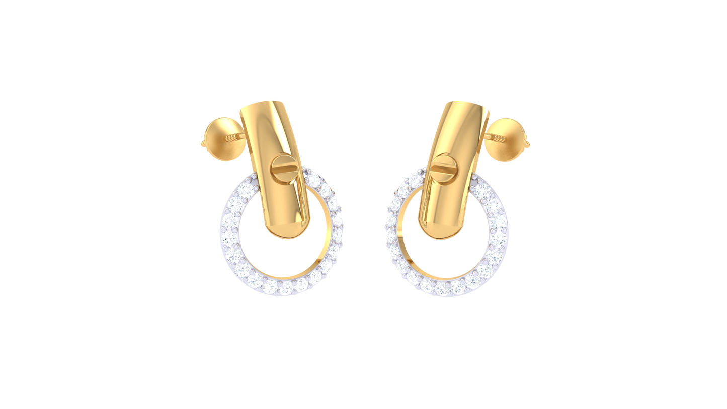 0.30 Ct Diamond Halo Stud Earrings With Textured Gold Bar Accent