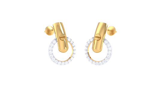 0.30 Ct Diamond Halo Stud Earrings With Textured Gold Bar Accent