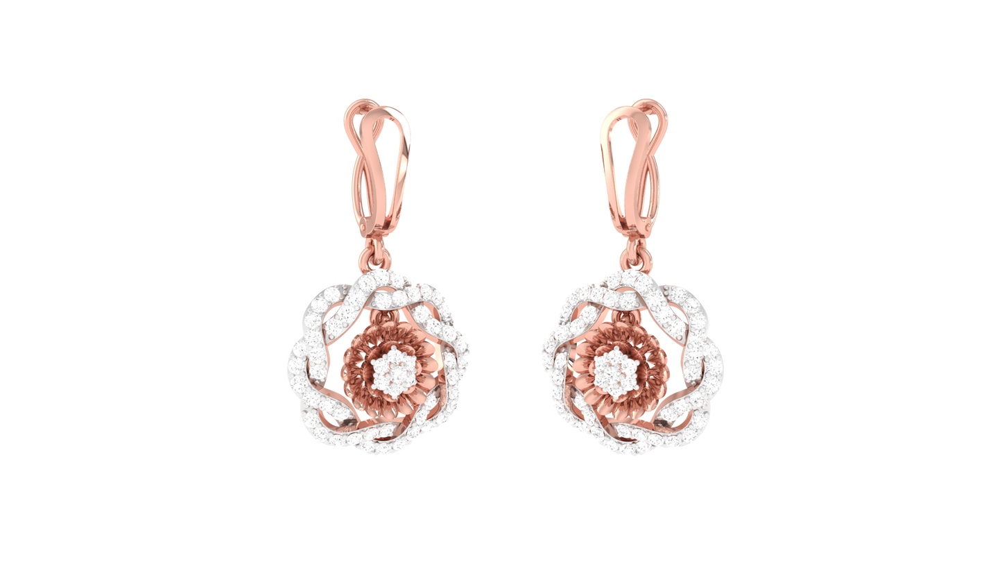 Dual Tone Floral Hoop Earrings In Gold - 0.78 Ct Round Diamonds