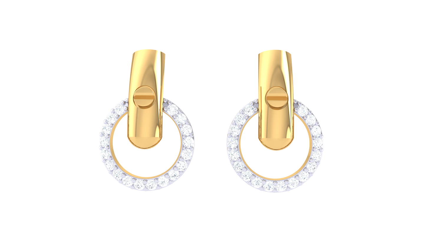 0.30 Ct Diamond Halo Stud Earrings With Textured Gold Bar Accent