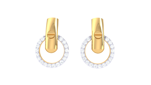 0.30 Ct Diamond Halo Stud Earrings With Textured Gold Bar Accent