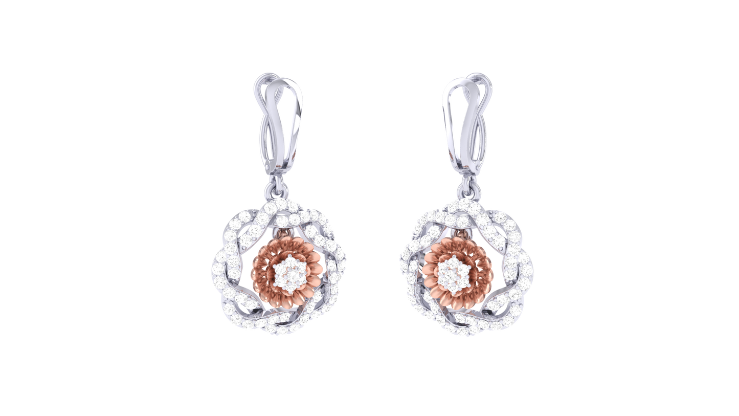 Dual Tone Floral Hoop Earrings In Gold - 0.78 Ct Round Diamonds