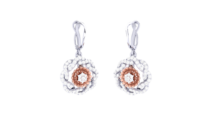 Dual Tone Floral Hoop Earrings In Gold - 0.78 Ct Round Diamonds