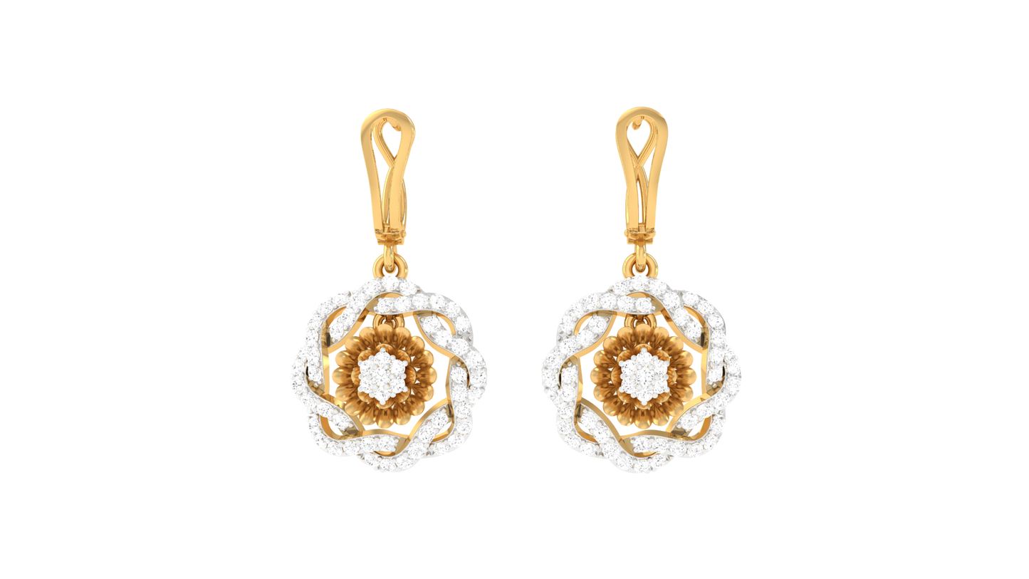 Dual Tone Floral Hoop Earrings In Gold - 0.78 Ct Round Diamonds
