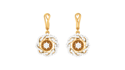 Dual Tone Floral Hoop Earrings In Gold - 0.78 Ct Round Diamonds