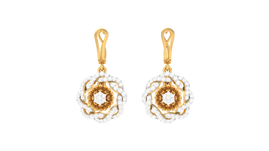 Dual Tone Floral Hoop Earrings In Gold - 0.78 Ct Round Diamonds