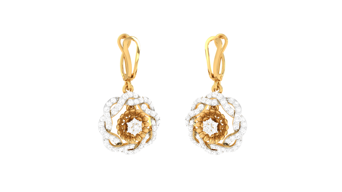Dual Tone Floral Hoop Earrings In Gold - 0.78 Ct Round Diamonds