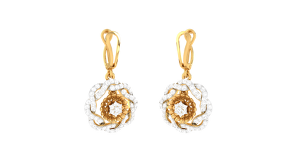 Dual Tone Floral Hoop Earrings In Gold - 0.78 Ct Round Diamonds
