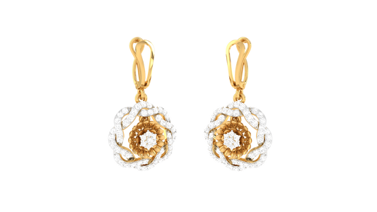 Dual Tone Floral Hoop Earrings In Gold - 0.78 Ct Round Diamonds