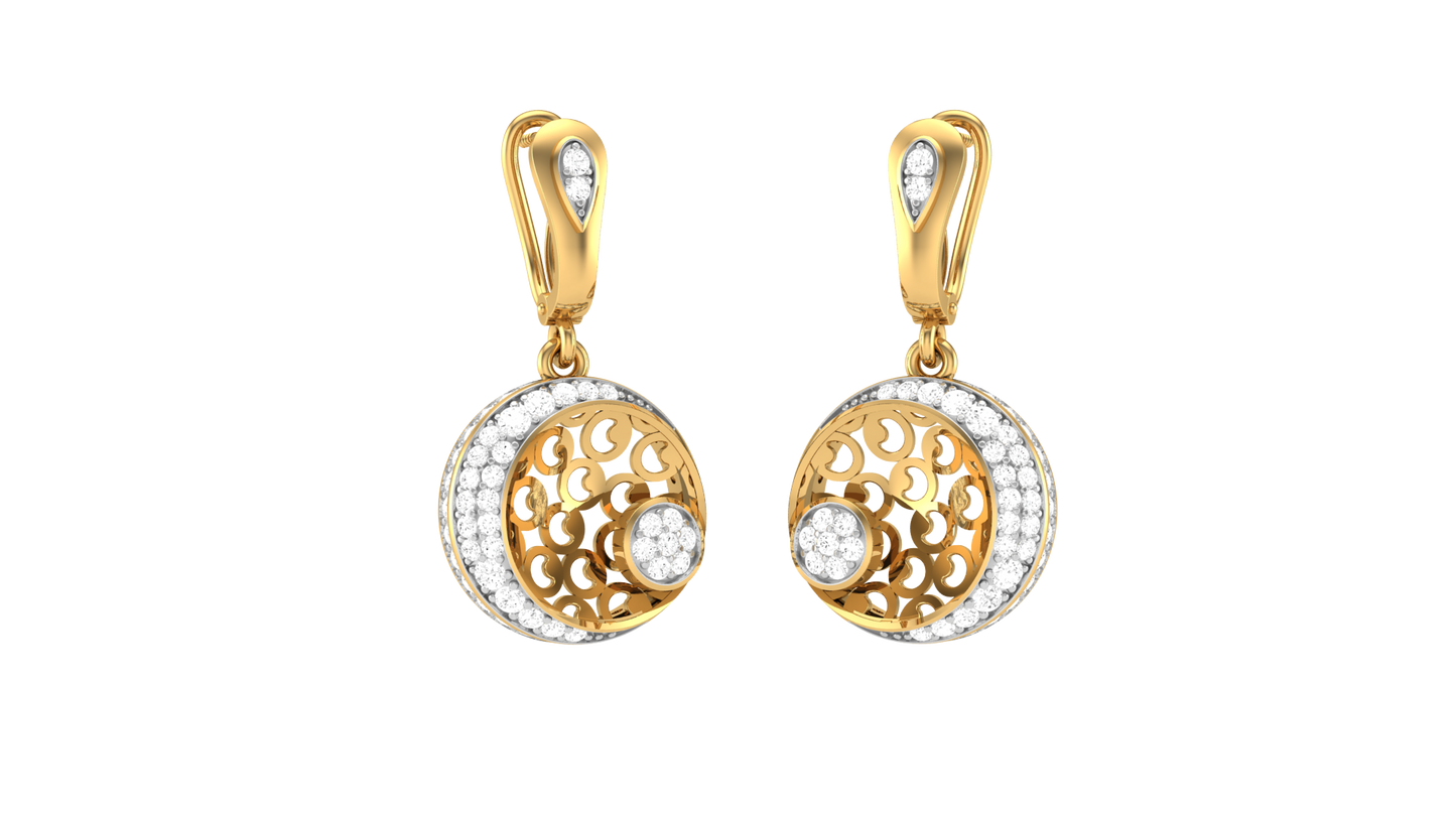 Intricate Mandala Hoop Golden Earrings - 0.79 Ct Round Cut Diamonds