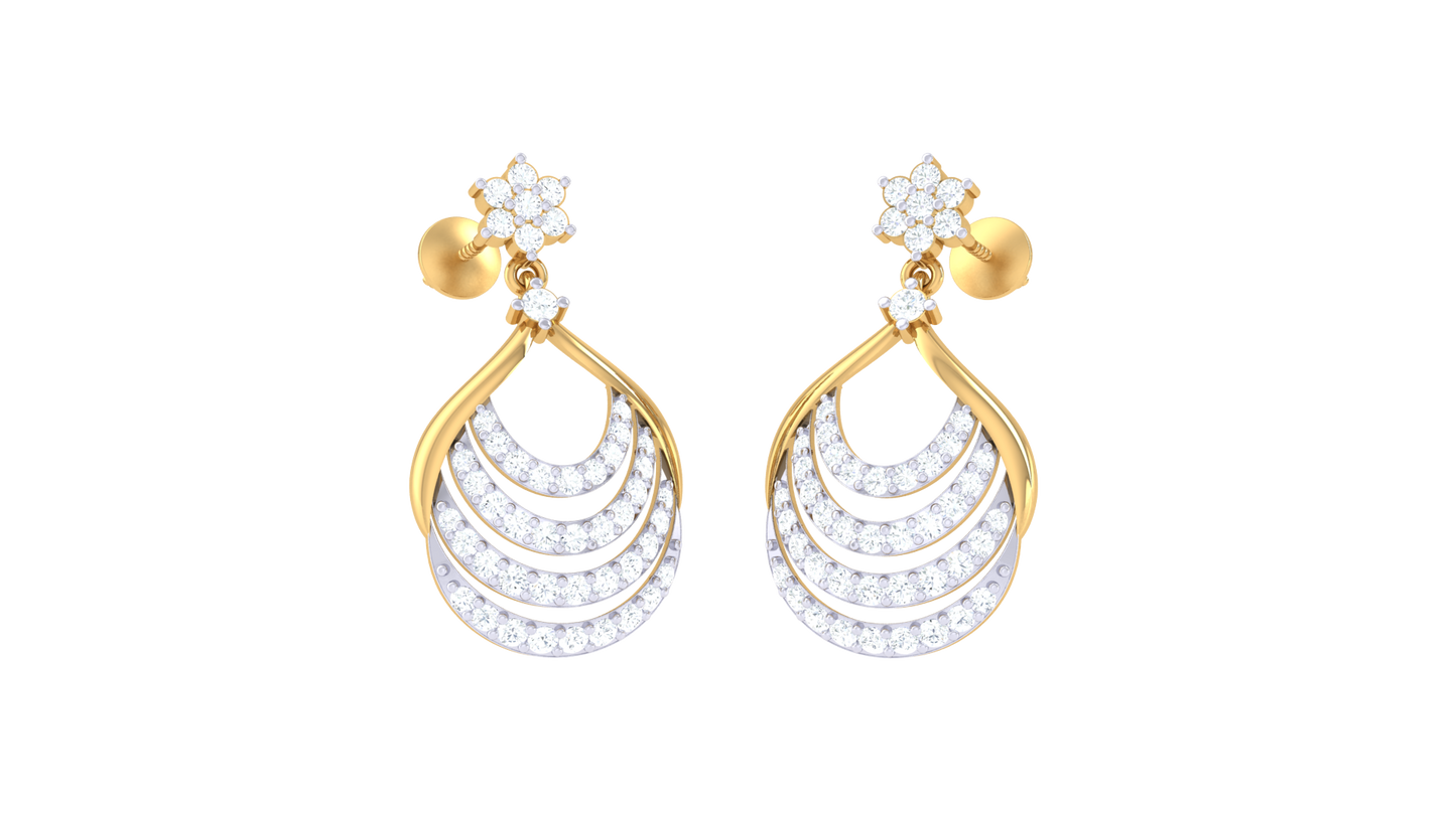 Floral Drop Earrings With Triple Arc Teardrop In Gold - 0.64 Ct Diamonds