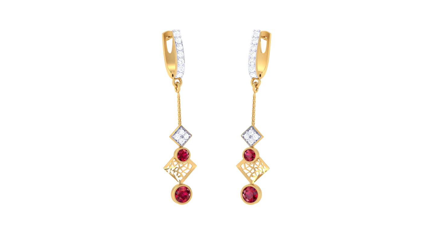 0.22 Ct - Diamond Hoop Drop Earrings With Red Gemstone Accents In Gold
